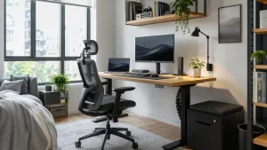 Mesa de trabalho junto à janela, com monitor, cadeira e gavetas de apoio